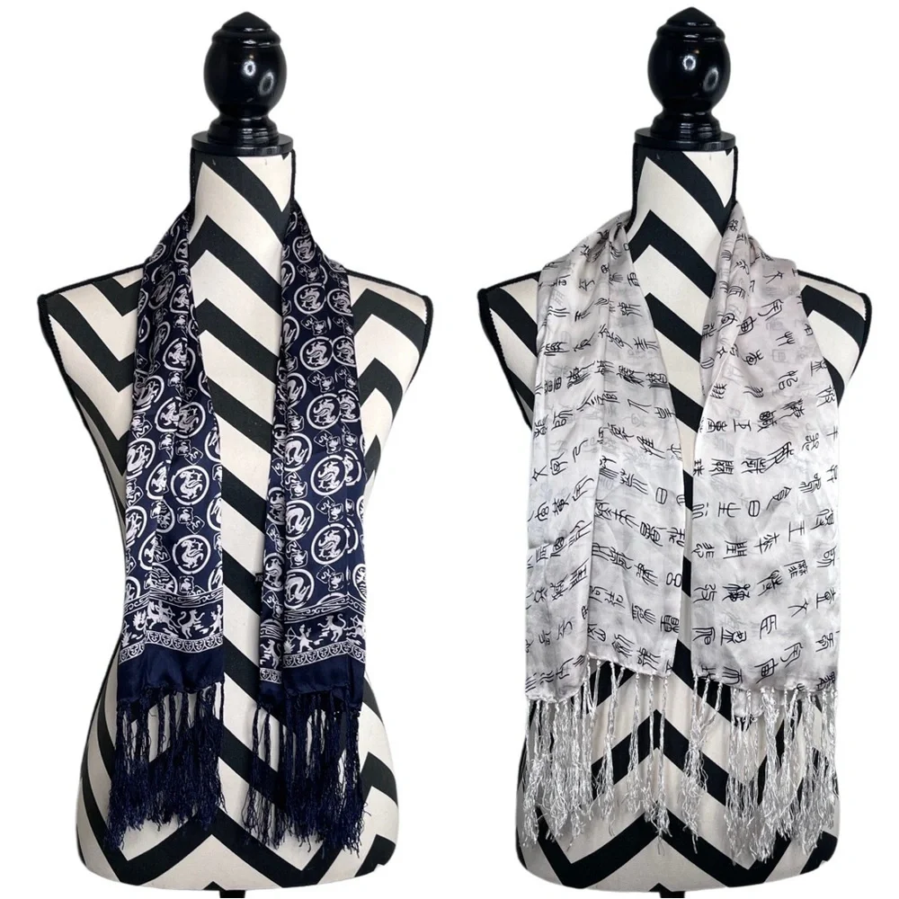 Vintage 100% Silk Asian Y2K Set of 2 Rectangle Scarfs
